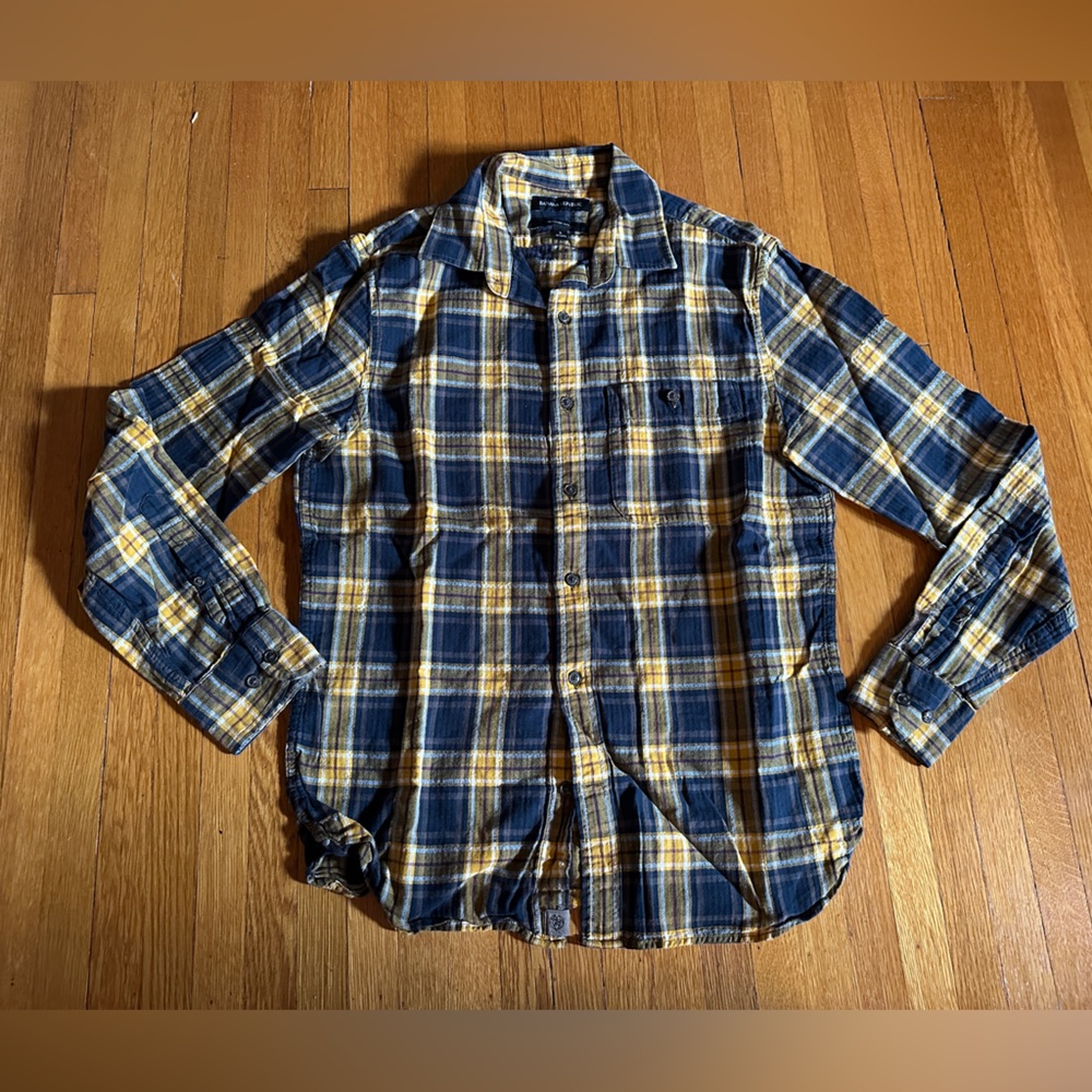 Banana Republic Yellow Plaid Flannel Slim-Fit Untucked Cotton Button Up, Size S